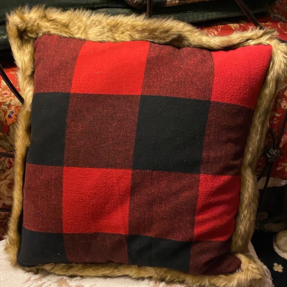 Buffalo Check Red and Black Faux Fur Holiday Throw Pillow